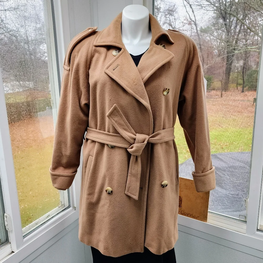 Vintage DonnyBrook Tan Camel Double Breasted Wool Belted Coat Size 14 - Picture 1 of 12